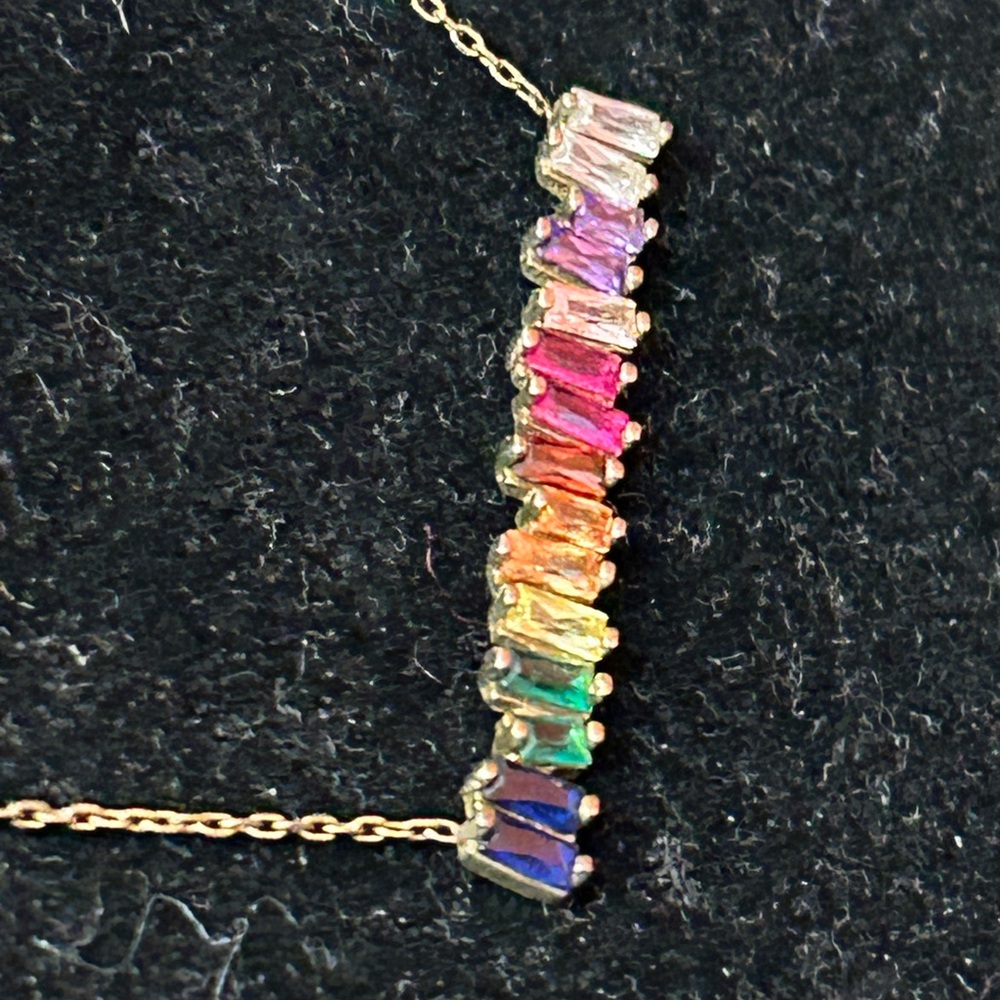 Lucky Star Jewels Rainbow Baguette Crystal Bar Necklace Gold Tone Dainty Y2K - Picture 2 of 7